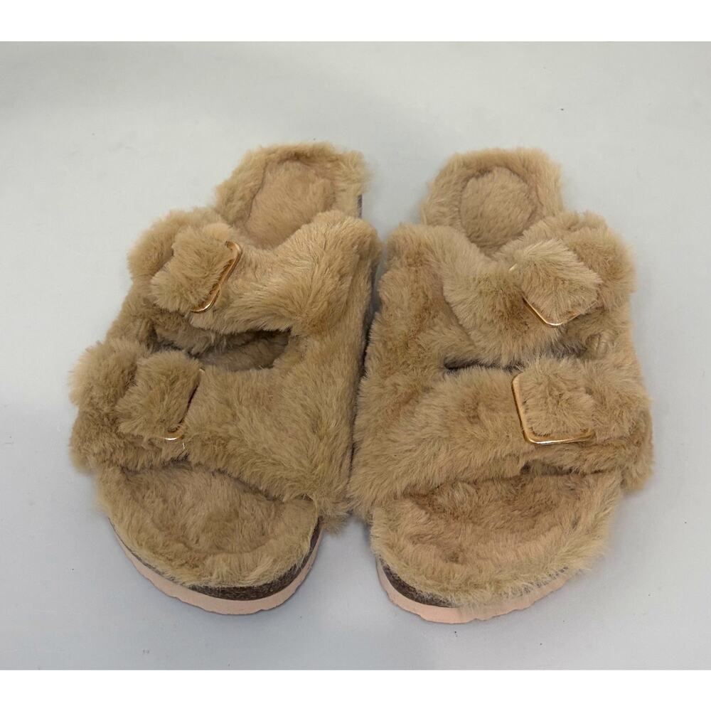FITORY Women's Open Toe Faux Fur Cozy Plush Cork Sole Slippers Size 7